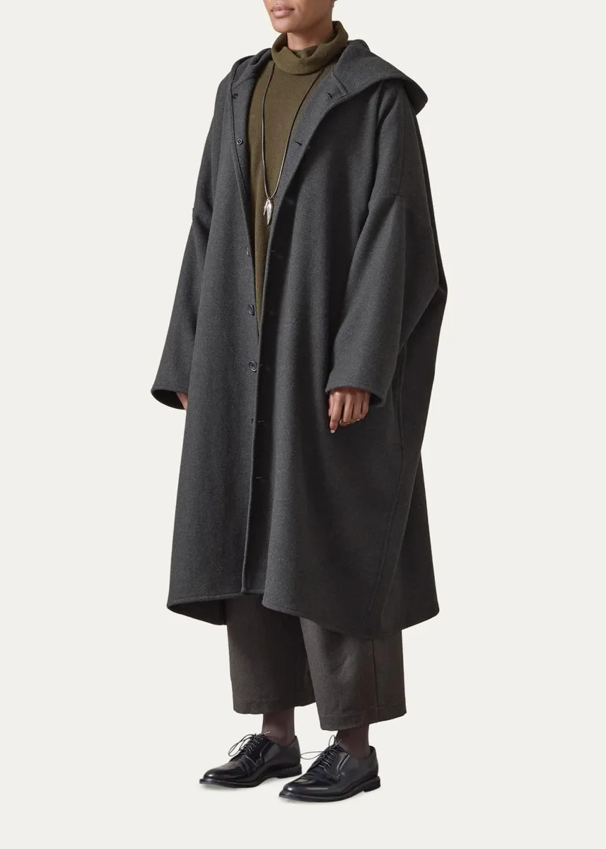Eskandar Wool Cashmere Wide Hooded Buttoned Coat - 3/4 Length | Thumbnail 2
