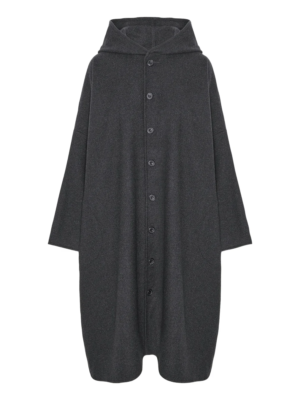 Wool Cashmere Wide Hooded Buttoned Coat - 3/4 Length Wool Cashmere Wide Hooded Buttoned Coat - 3/4 Length