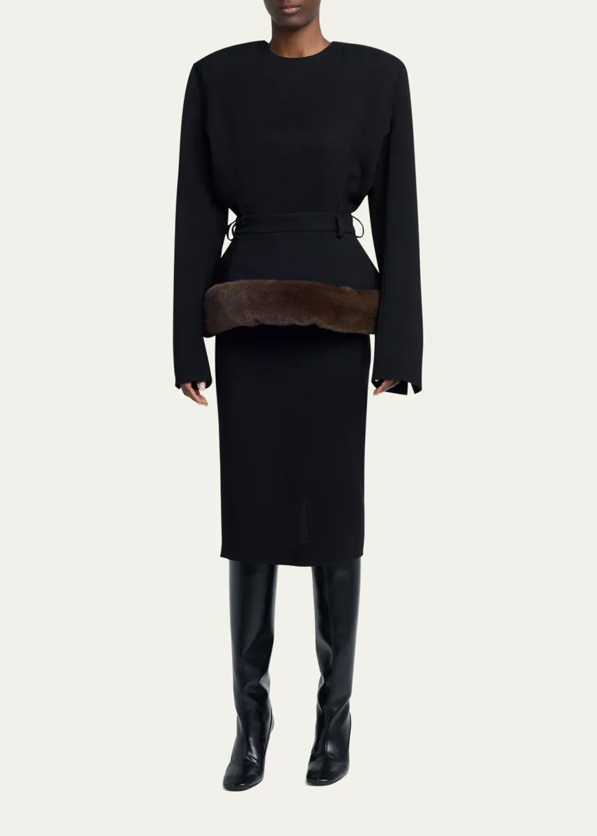 Stella McCartney Long-Sleeve Belted Faux-Fur Peplum Midi Dress | Thumbnail 2 Stella McCartney Long-Sleeve Belted Faux-Fur Peplum Midi Dress | Thumbnail 2