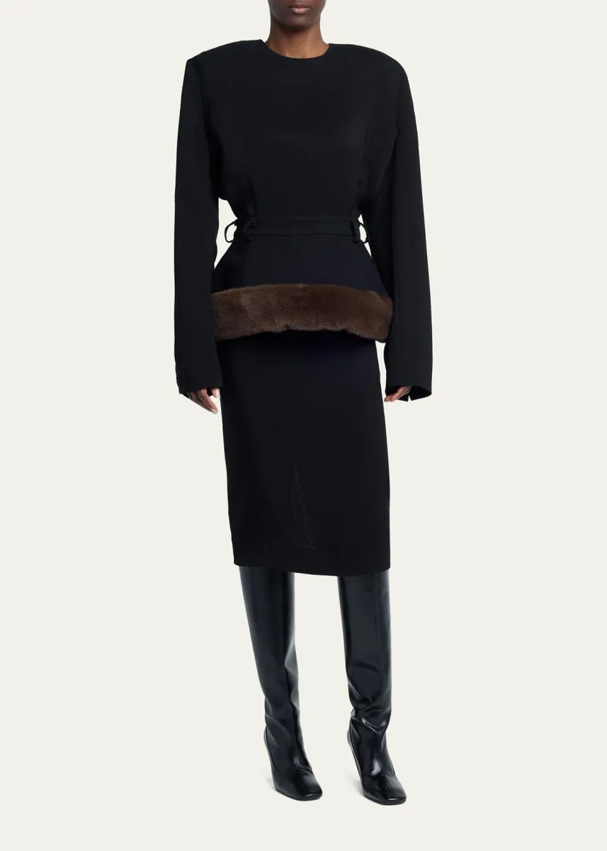 Stella McCartney Long-Sleeve Belted Faux-Fur Peplum Midi Dress | Thumbnail 4 Stella McCartney Long-Sleeve Belted Faux-Fur Peplum Midi Dress | Thumbnail 4