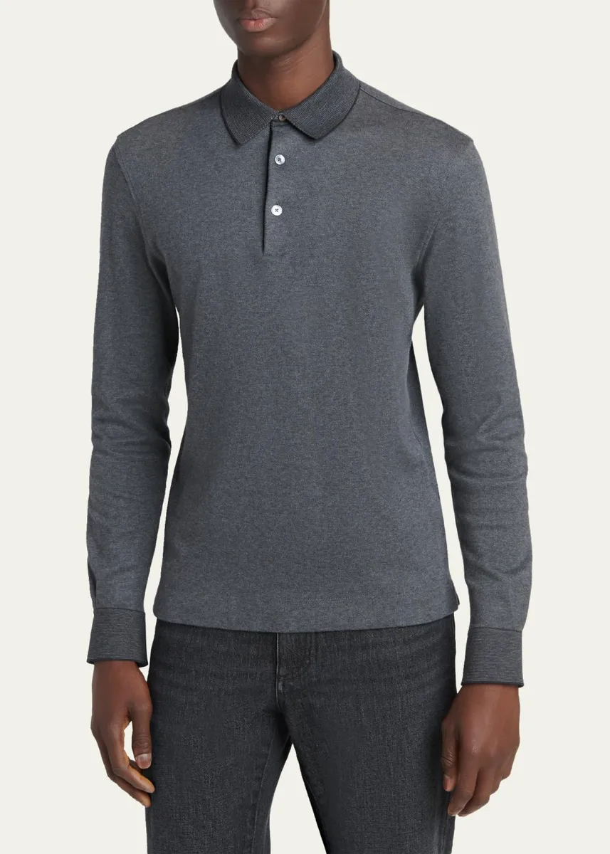 Zegna Men's Cotton Pique Long-Sleeve Polo Shirt | Thumbnail 4