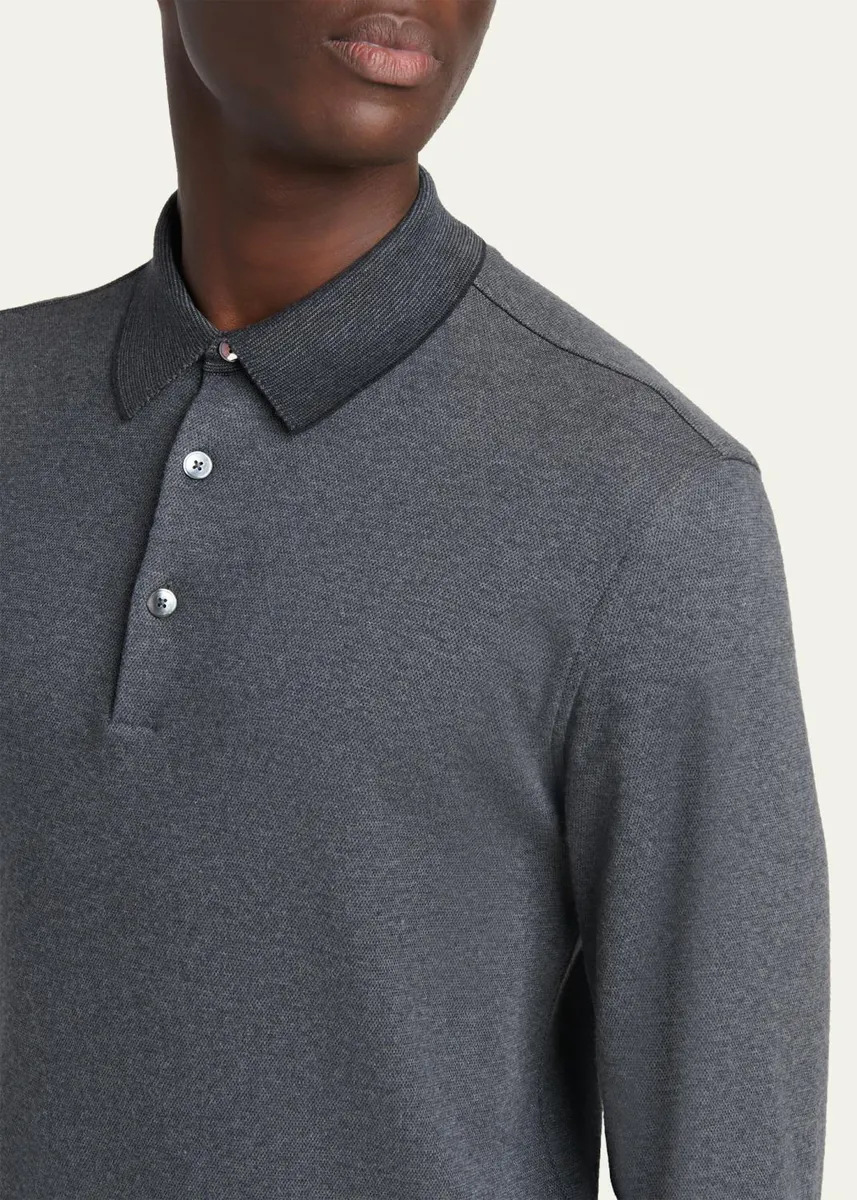 Zegna Men's Cotton Pique Long-Sleeve Polo Shirt | Thumbnail 5