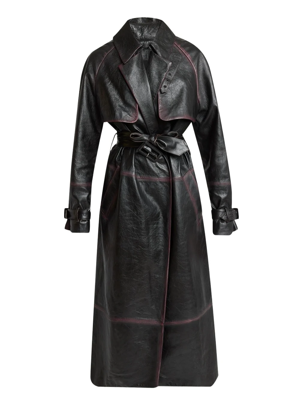 Kasia Burnished Leather Belted Long Trench Coat