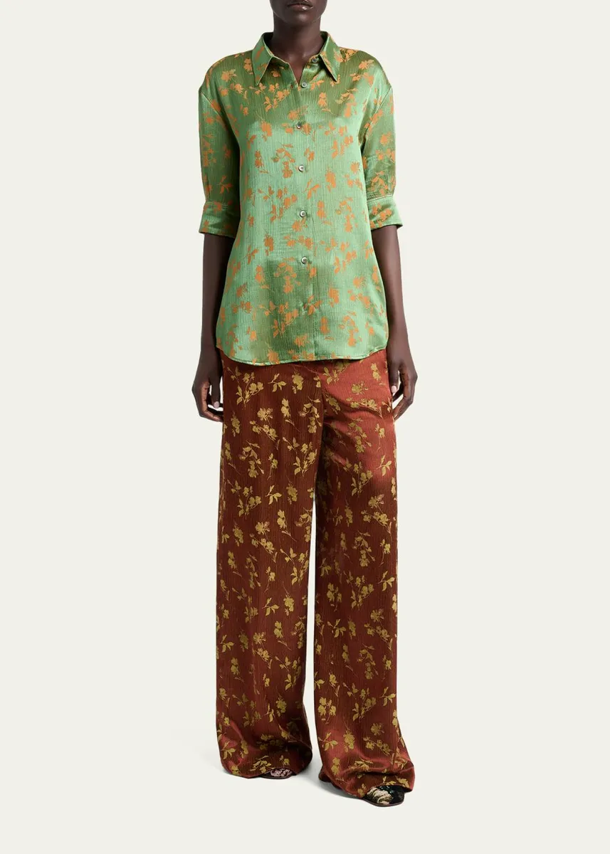 Dries Van Noten Floral Jacquard Elbow-Sleeve Button-Down Shirt | Thumbnail 2 Dries Van Noten Floral Jacquard Elbow-Sleeve Button-Down Shirt | Thumbnail 2
