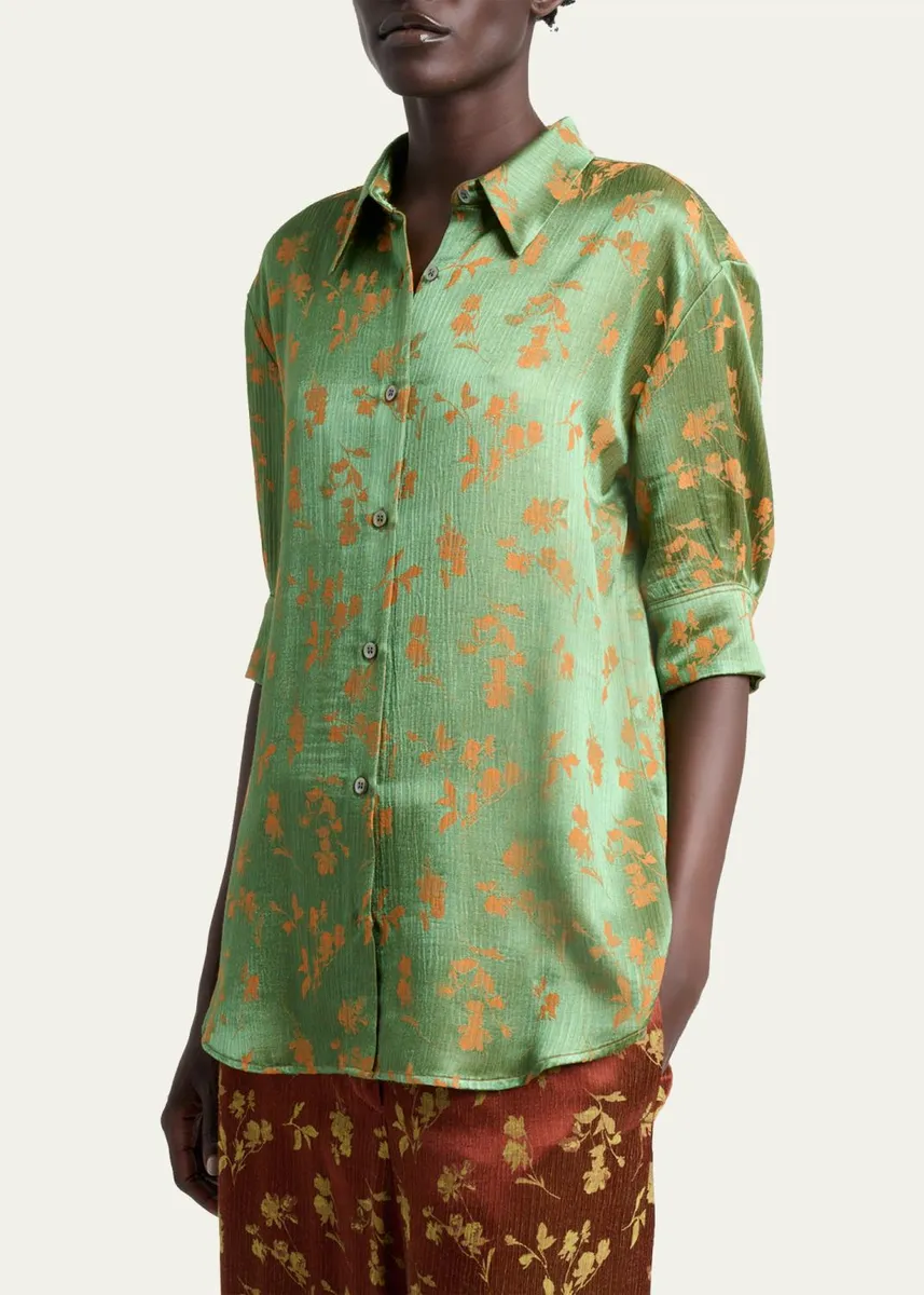 Dries Van Noten Floral Jacquard Elbow-Sleeve Button-Down Shirt | Thumbnail 4 Dries Van Noten Floral Jacquard Elbow-Sleeve Button-Down Shirt | Thumbnail 4