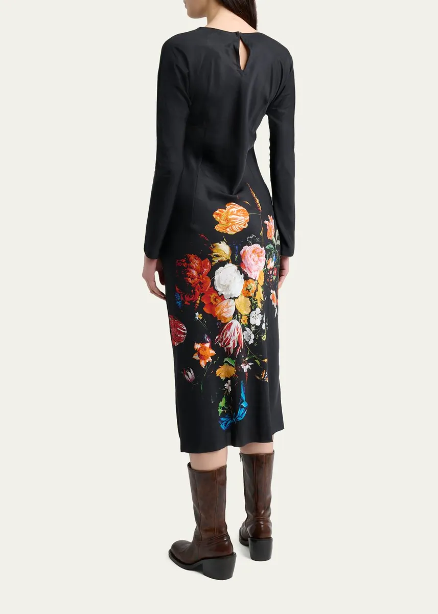 Dries Van Noten Floral Print Satin Long-Sleeve Midi Dress | Thumbnail 3