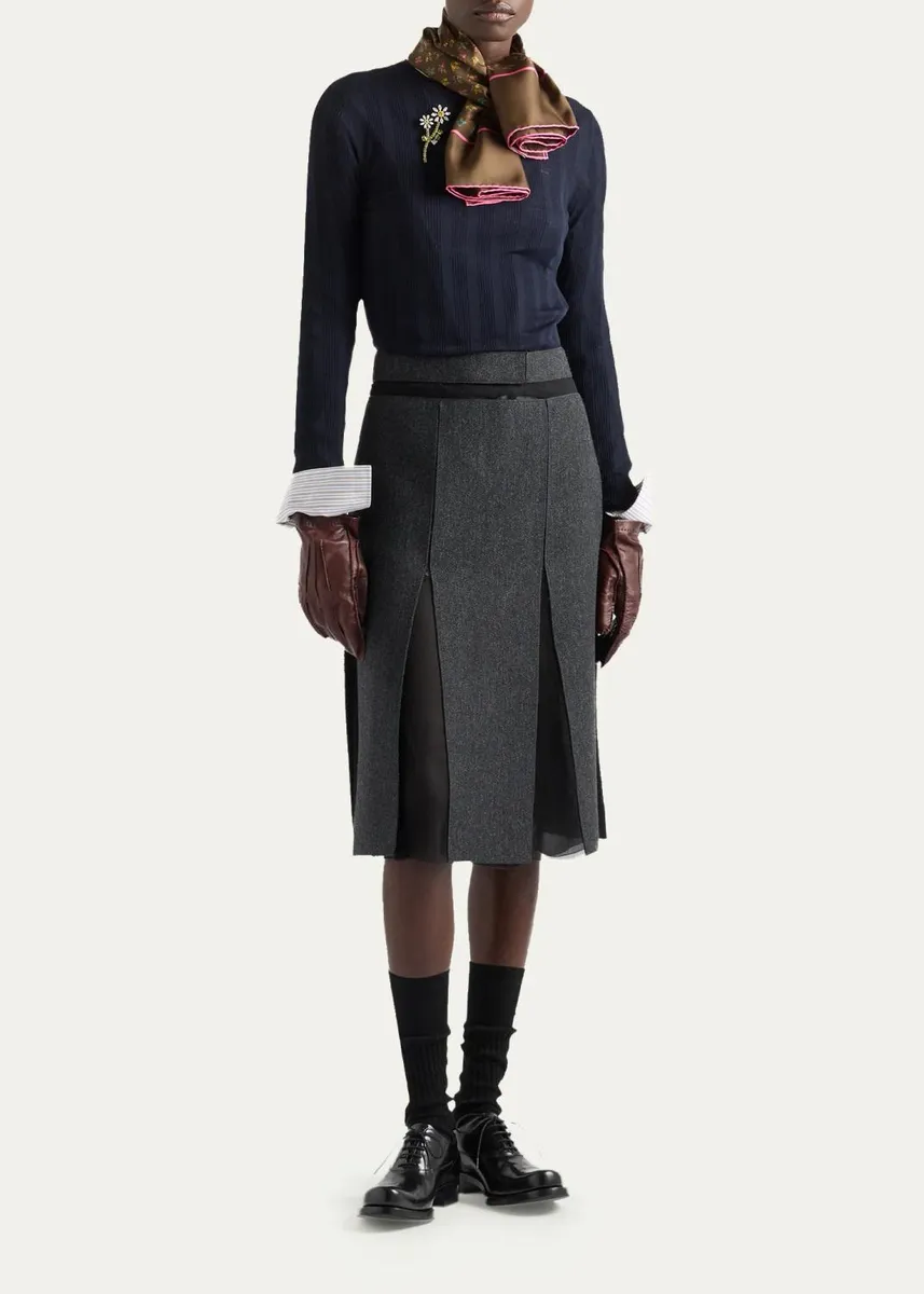 Prada Pleated Wool-Silk Midi Skirt | Thumbnail 2