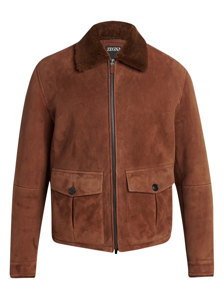 Zegna Men's Suede Short Shearling-Collar Aviator Jacket