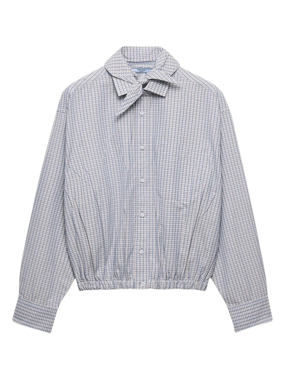 Plaid Cotton Bow-Collar Shirt