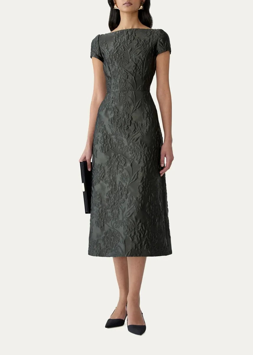 Carolina Herrera Boat-Neck Floral Textured Jacquard Belted Midi Dress | Thumbnail 2