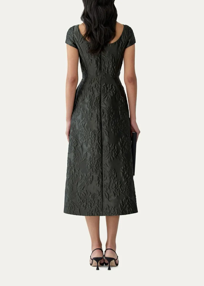 Carolina Herrera Boat-Neck Floral Textured Jacquard Belted Midi Dress | Thumbnail 3