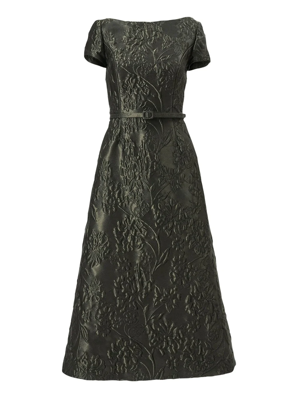 Boat-Neck Floral Textured Jacquard Belted Midi Dress Boat-Neck Floral Textured Jacquard Belted Midi Dress