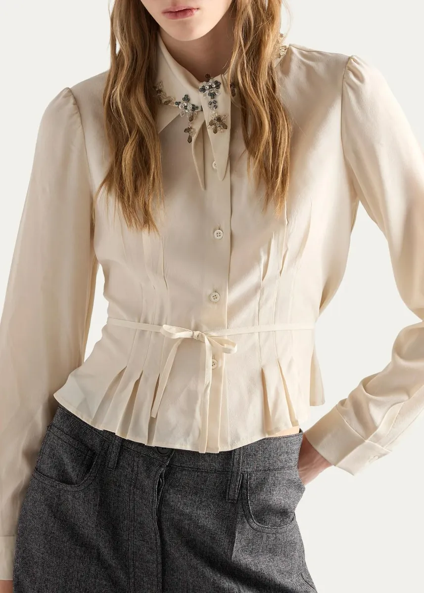Prada Pleated Silk Handkerchief Scarf Button-Down Shirt | Thumbnail 4 Prada Pleated Silk Handkerchief Scarf Button-Down Shirt | Thumbnail 4