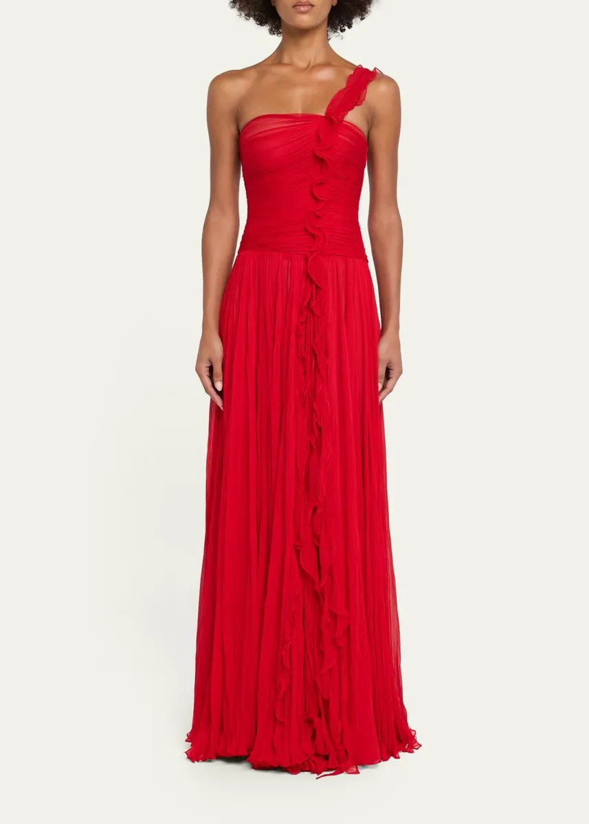 Marmar Halim One-Shoulder Silk Georgette Ruffle Gown | Thumbnail 2