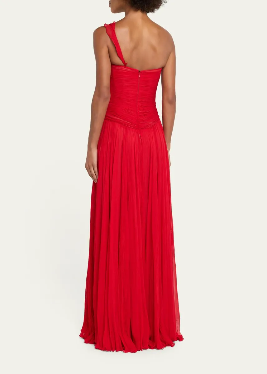 Marmar Halim One-Shoulder Silk Georgette Ruffle Gown | Thumbnail 3