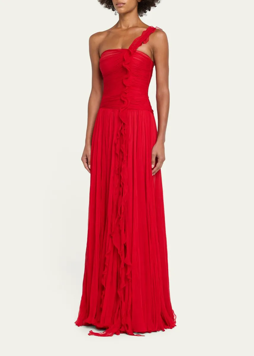 Marmar Halim One-Shoulder Silk Georgette Ruffle Gown | Thumbnail 4