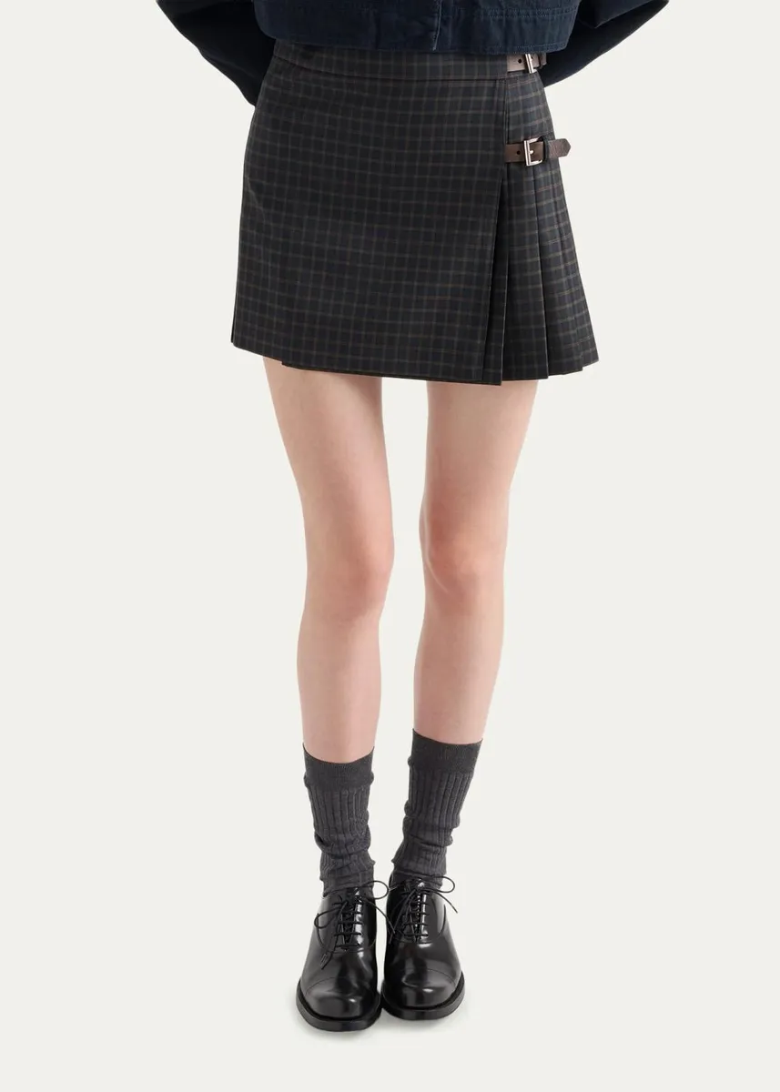 Prada Check Pleated Buckle Wrap Mini Skirt | Thumbnail 4