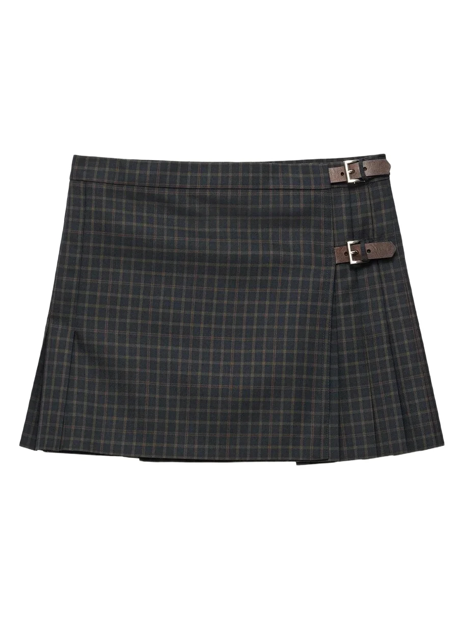 Check Pleated Buckle Wrap Mini Skirt Check Pleated Buckle Wrap Mini Skirt