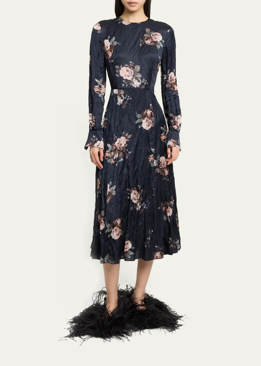 Erdem Floral Crushed Satin Crewneck Midi Dress | Thumbnail 2 Erdem Floral Crushed Satin Crewneck Midi Dress | Thumbnail 2