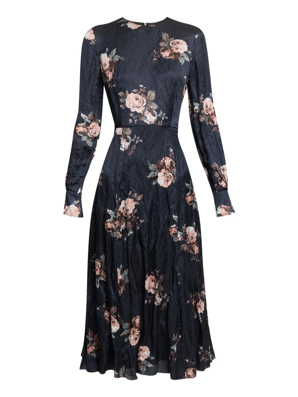 Floral Crushed Satin Crewneck Midi Dress