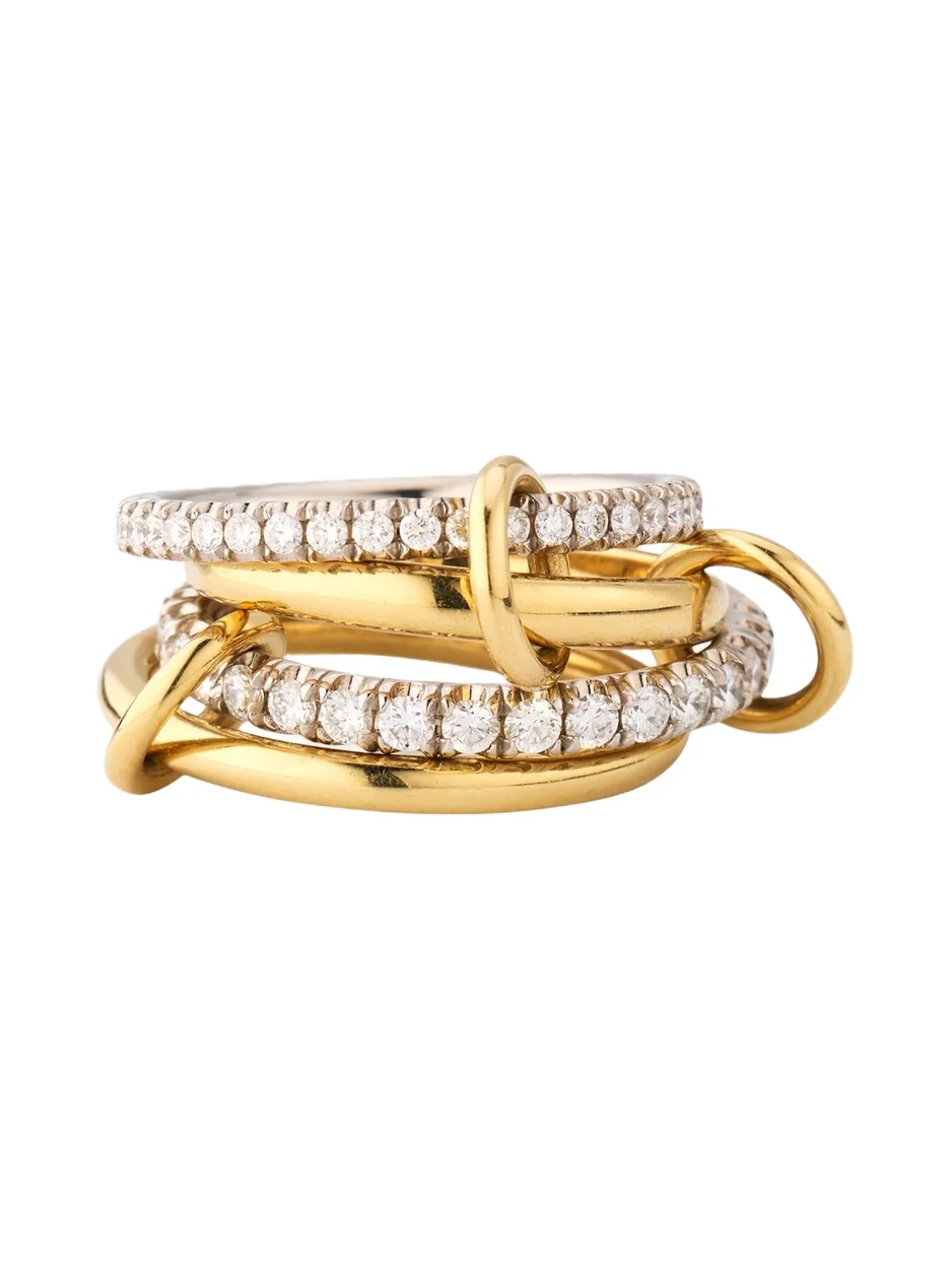 18K Mixed-Gold Halley 4-Link Ring with Pave Diamonds