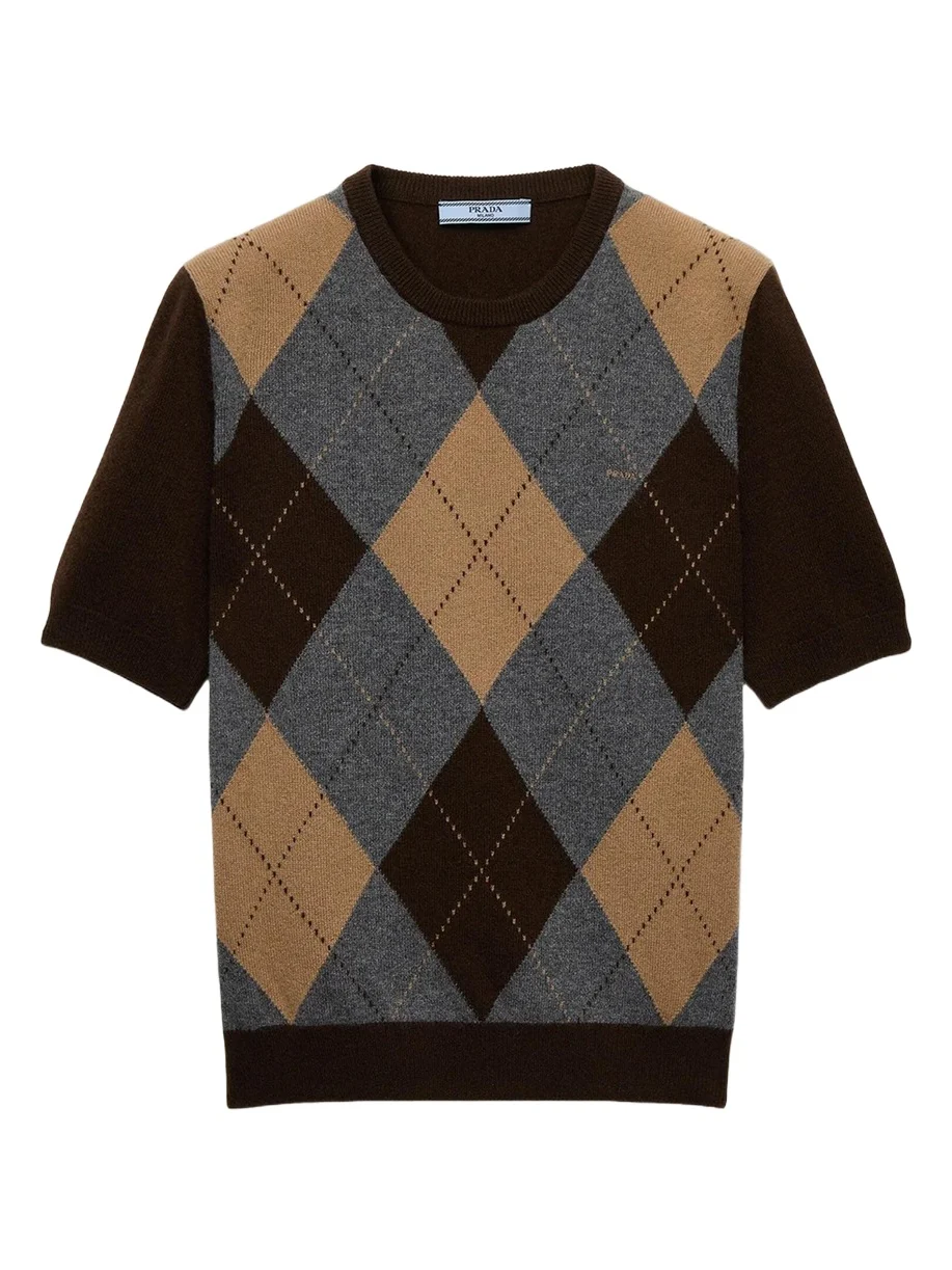 Argyle Cashmere Short-Sleeve Crewneck Sweater Argyle Cashmere Short-Sleeve Crewneck Sweater