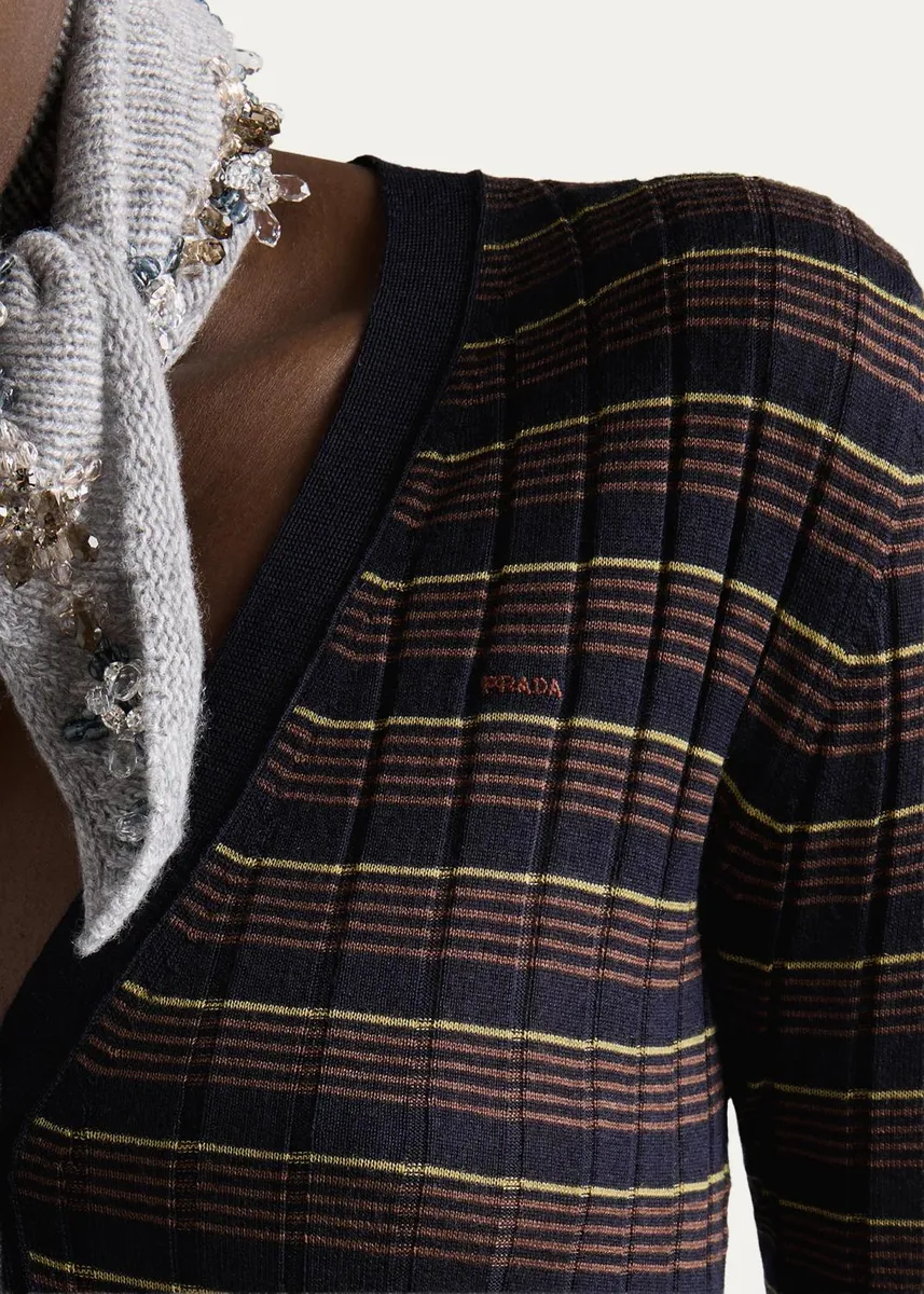 Prada Striped Silk-Wool Cardigan | Thumbnail 4 Prada Striped Silk-Wool Cardigan | Thumbnail 4