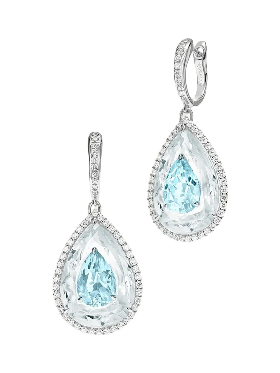 18K White Gold Diamond, Aquamarine, and Rock Crystal Inlay Shine Earrings