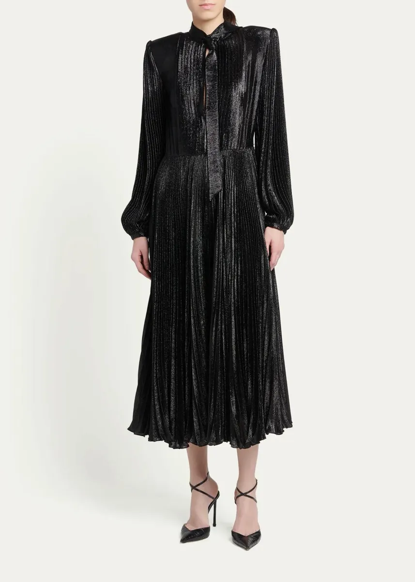 Tom Ford Soleil Metallic Silk Charmeuse Plisse Neck-Tie Midi Dress | Thumbnail 2 Tom Ford Soleil Metallic Silk Charmeuse Plisse Neck-Tie Midi Dress | Thumbnail 2