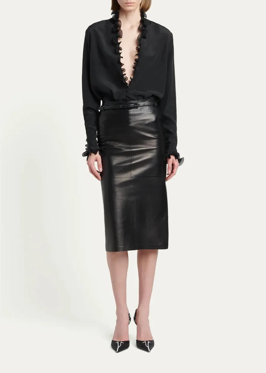 Tom Ford Silk Crepe De Chine Ruffle Plunging-Neck Blouse | Thumbnail 2