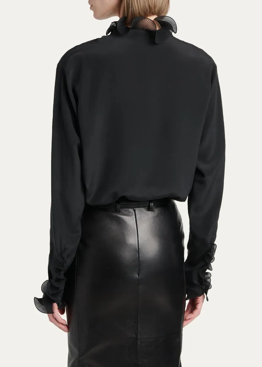 Tom Ford Silk Crepe De Chine Ruffle Plunging-Neck Blouse | Thumbnail 3