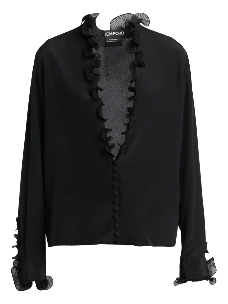 Silk Crepe De Chine Ruffle Plunging-Neck Blouse Silk Crepe De Chine Ruffle Plunging-Neck Blouse