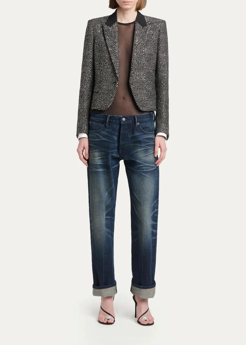 Tom Ford Sequined Wool Tweed Crop Single-Breasted Boyfriend Jacket | Thumbnail 2