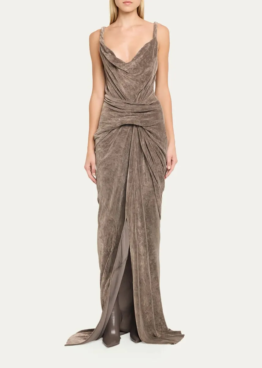 Rick Owens Strutter Twisted Drape Velvet Slit Maxi Dress | Thumbnail 2 Rick Owens Strutter Twisted Drape Velvet Slit Maxi Dress | Thumbnail 2