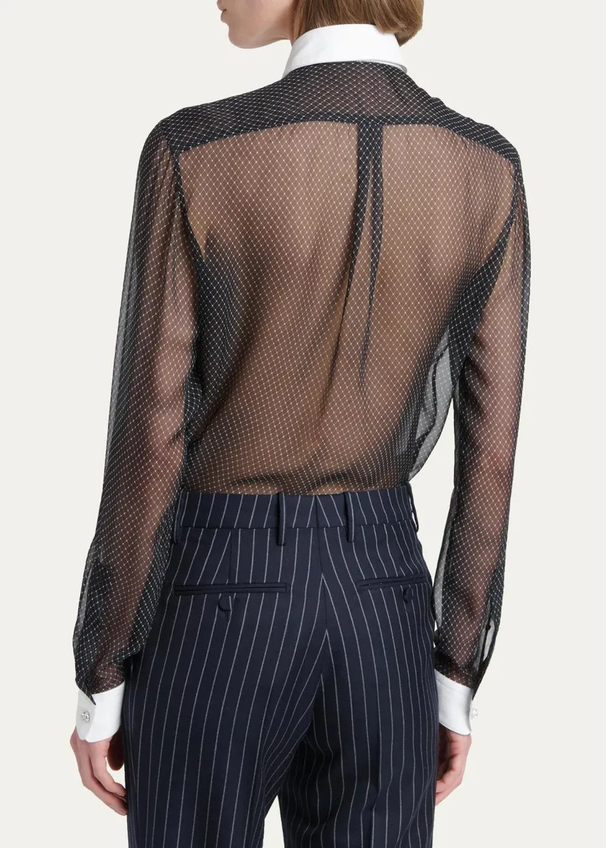 Tom Ford Net-Print Losange Silk Chiffon Button-Down Shirt | Thumbnail 3 Tom Ford Net-Print Losange Silk Chiffon Button-Down Shirt | Thumbnail 3