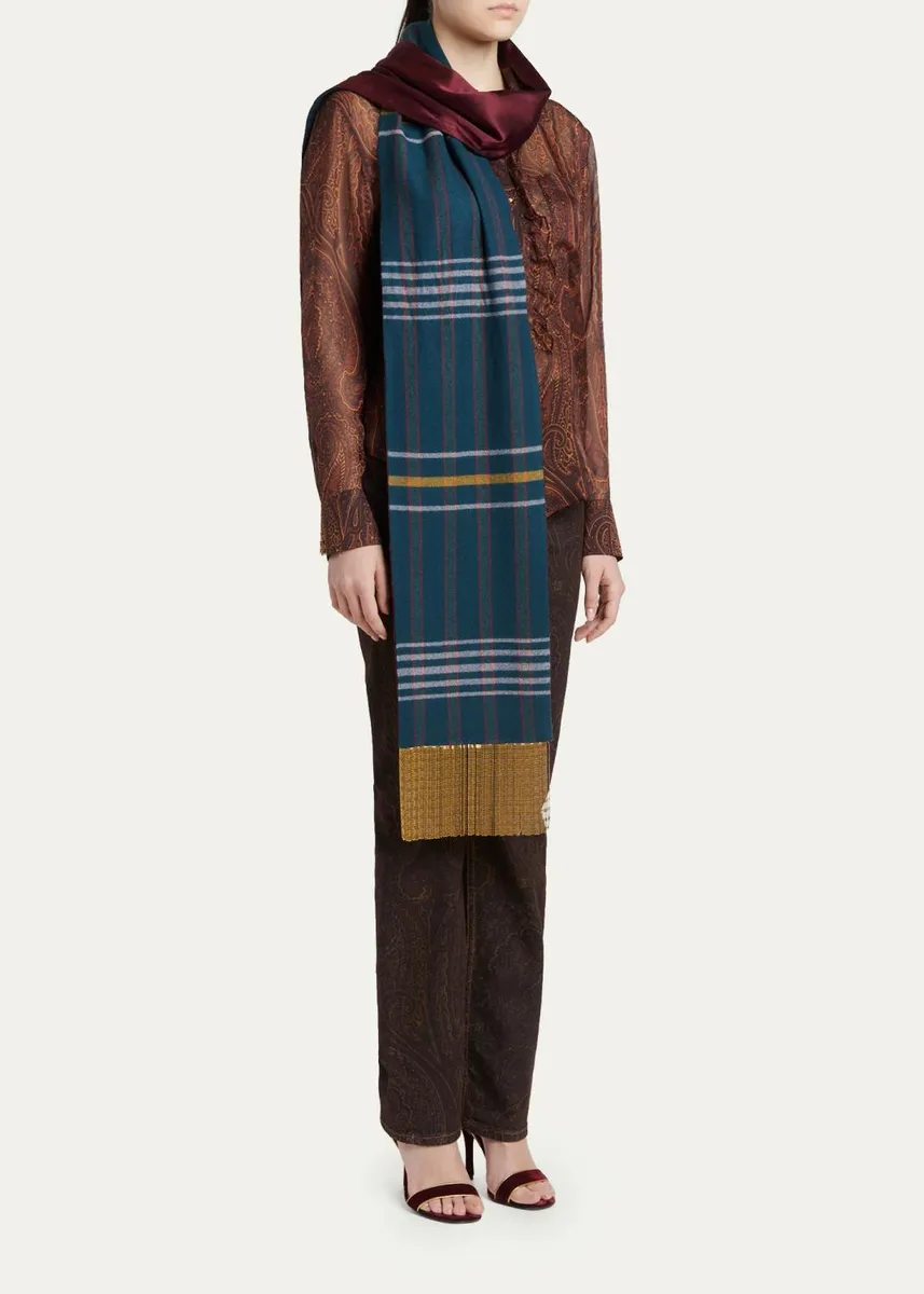 Etro Reversible Wool and Silk Scarf with Metallic Fringe | Thumbnail 2 Etro Reversible Wool and Silk Scarf with Metallic Fringe | Thumbnail 2