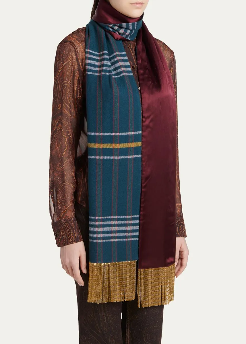 Etro Reversible Wool and Silk Scarf with Metallic Fringe | Thumbnail 3 Etro Reversible Wool and Silk Scarf with Metallic Fringe | Thumbnail 3