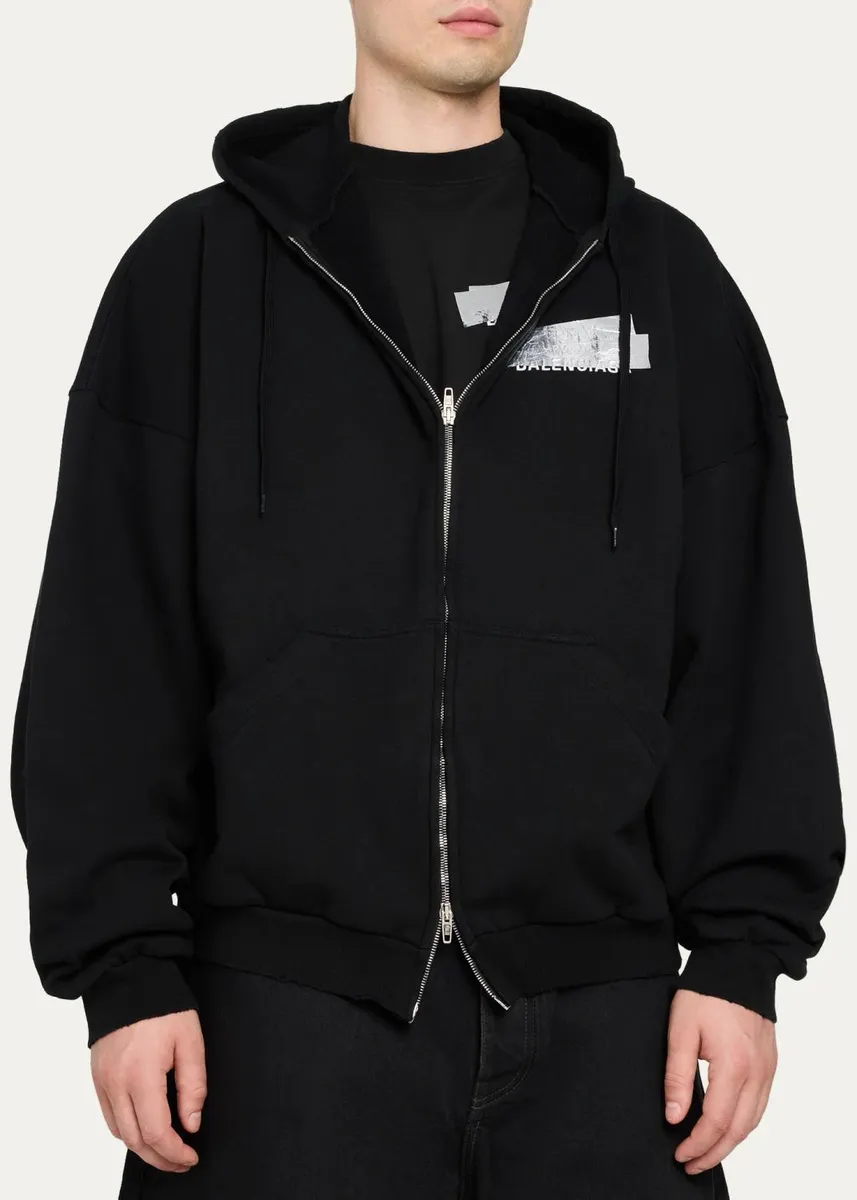 Balenciaga Men's Tape Logo Full-Zip Hoodie | Thumbnail 4