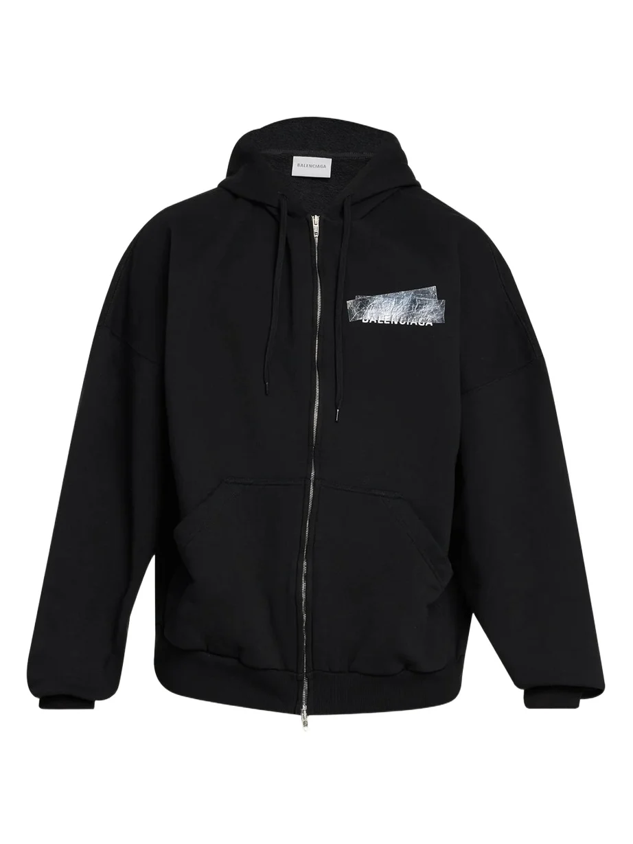 Balenciaga Men's Tape Logo Full-Zip Hoodie