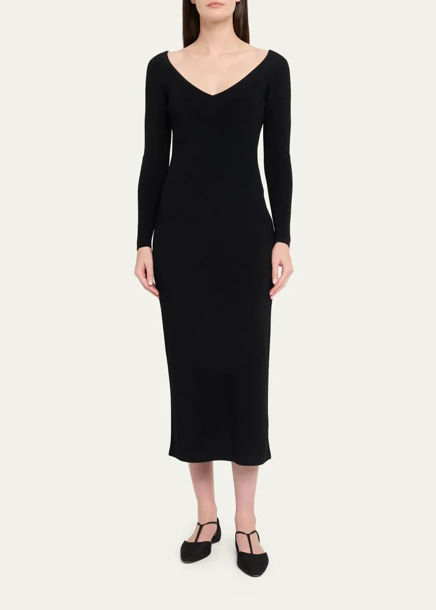 FFORME Lottie Wide V-Neck Ribbed Long-Sleeve Midi Dress | Thumbnail 2