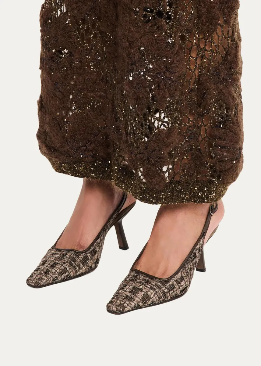 Brunello Cucinelli Monili-Embroidered Check Slingback Pumps | Thumbnail 2 Brunello Cucinelli Monili-Embroidered Check Slingback Pumps | Thumbnail 2