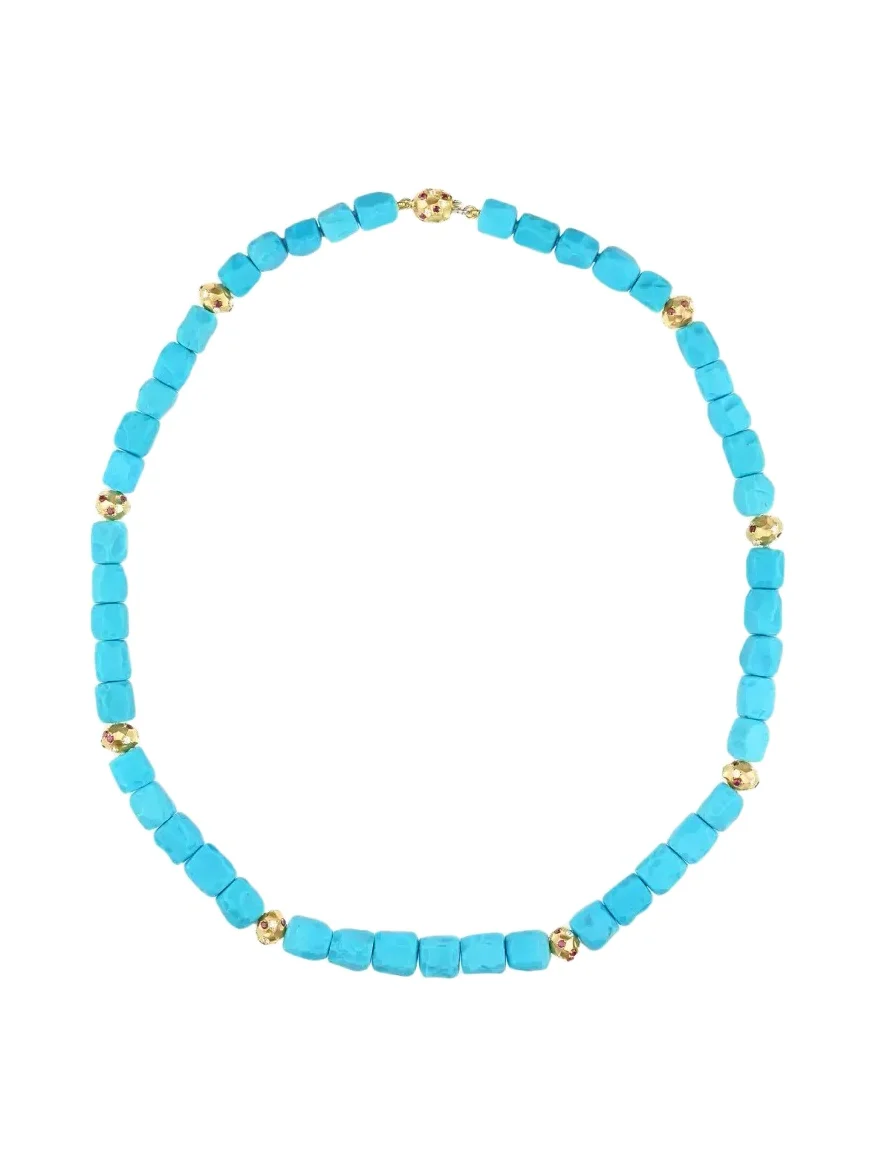 Paul Morelli 18K Yellow Gold Turquoise Cube Necklace with Diamonds and Rubies