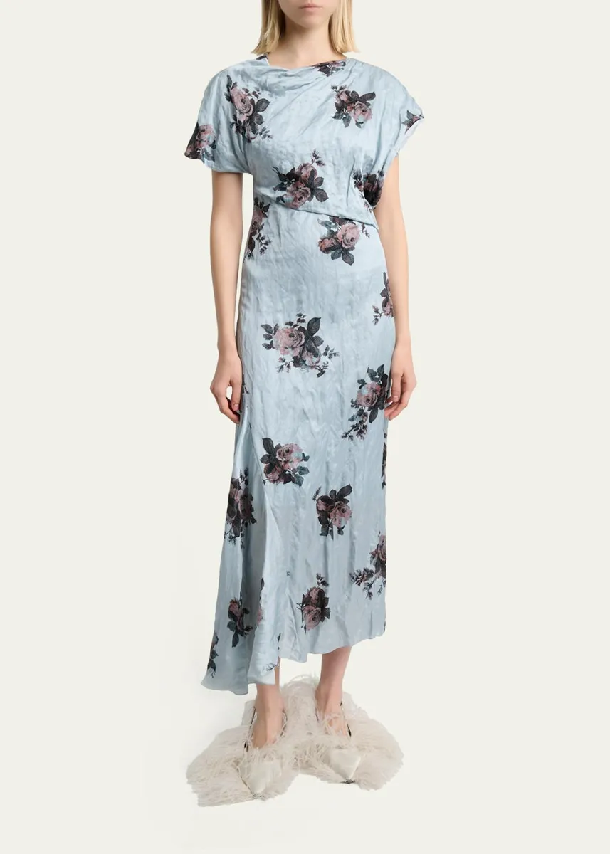 Erdem Floral Crushed Satin Short-Sleeve Asymmetric Midi Dress | Thumbnail 2