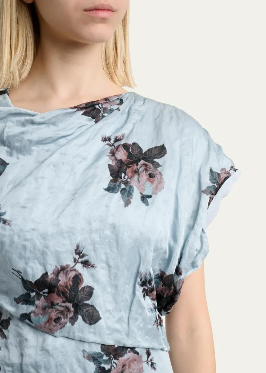 Erdem Floral Crushed Satin Short-Sleeve Asymmetric Midi Dress | Thumbnail 5