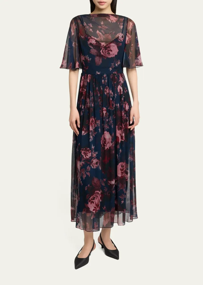 Erdem Floral Silk Creponne Flutter-Sleeve Midi Dress | Thumbnail 2 Erdem Floral Silk Creponne Flutter-Sleeve Midi Dress | Thumbnail 2