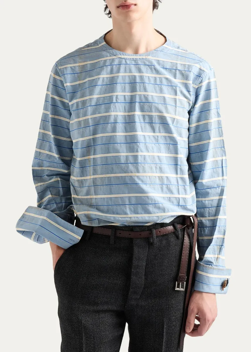 Prada Men's Chambray Riga Stripe Long-Sleeve Shirt | Thumbnail 4