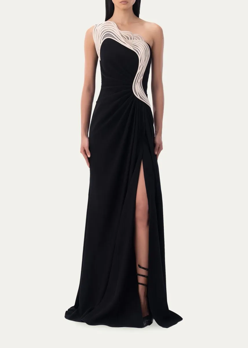 Gaurav Gupta Ruffle Trim One-Shoulder Draped Slit Gown | Thumbnail 2 Gaurav Gupta Ruffle Trim One-Shoulder Draped Slit Gown | Thumbnail 2