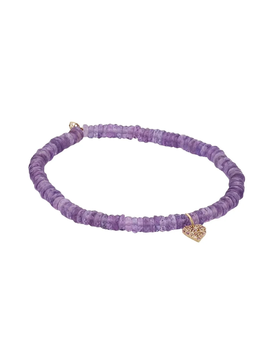 14K Diamond and Amethyst Heart on Beaded Stretch Bracelet
