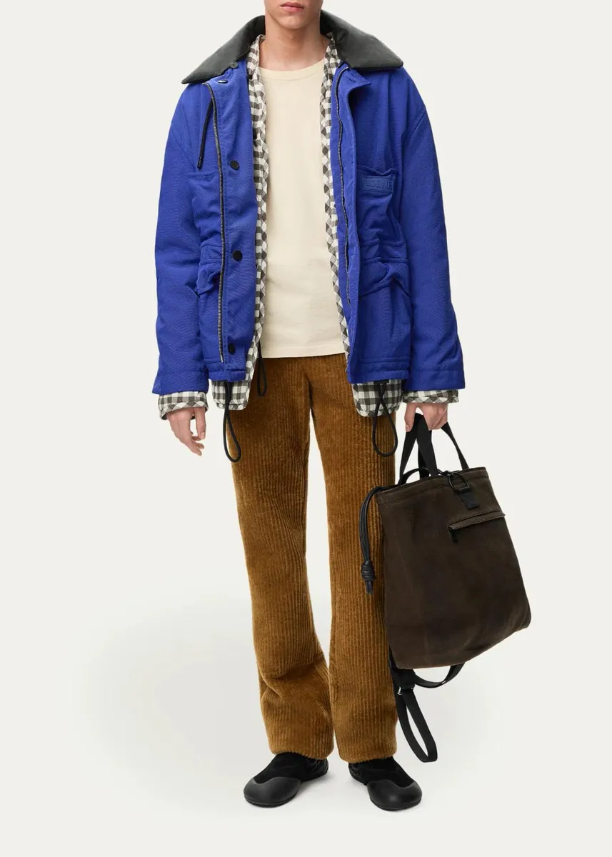 Loewe Men's Leather Collar Check-Lined Hooded Parka | Thumbnail 2 Loewe Men's Leather Collar Check-Lined Hooded Parka | Thumbnail 2
