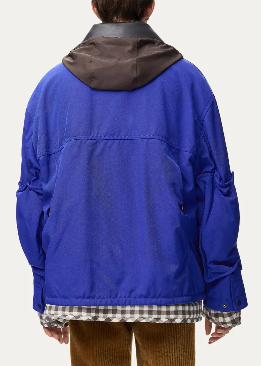 Loewe Men's Leather Collar Check-Lined Hooded Parka | Thumbnail 3 Loewe Men's Leather Collar Check-Lined Hooded Parka | Thumbnail 3